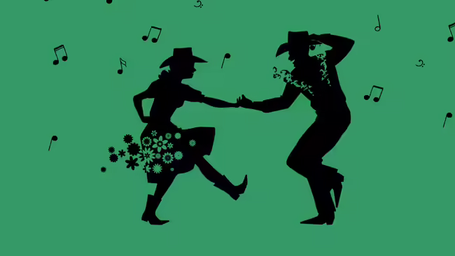 man and woman dancing with music notes around them