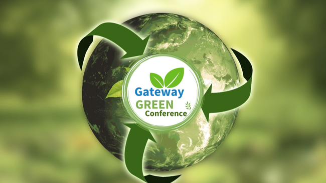 A green globe over a blurred background and the Gateway Green Conference logo is placed on top. 