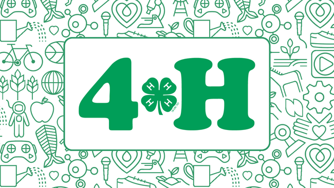 collage of items in background related to 4-H with text "4-H" and 4-H clover