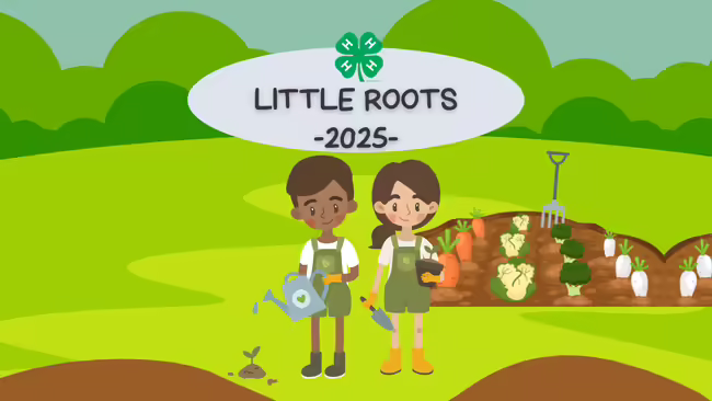 Little Roots 2025, cartoon children planting a garden pictured