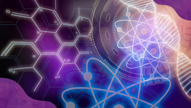 science symbols on a purple background.