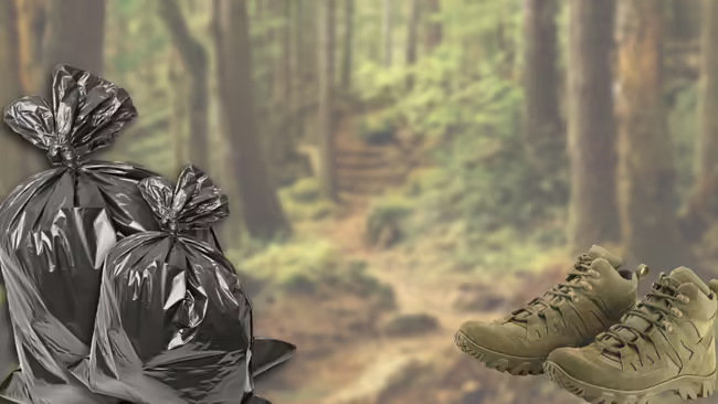 trash bags and hiking boots in forest