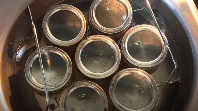Canning jars sitting in a stock pot filled with water.