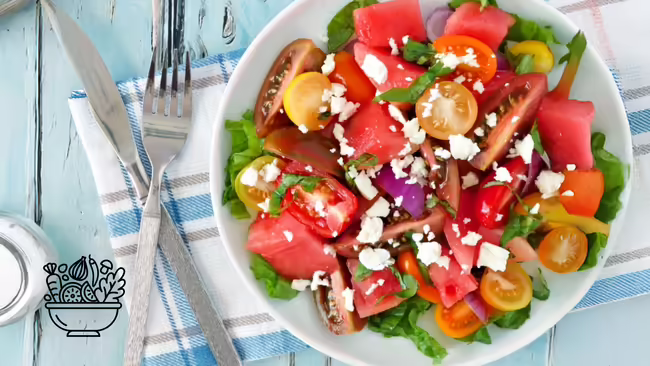 A colorful salad in a white bowl sitting on a blue, white, and gray placemat sitting on a sky blue background. A black salad icon in bottom left hand corner.