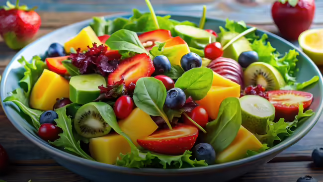 A salad with vegetables and fruits in a blue bowl.
