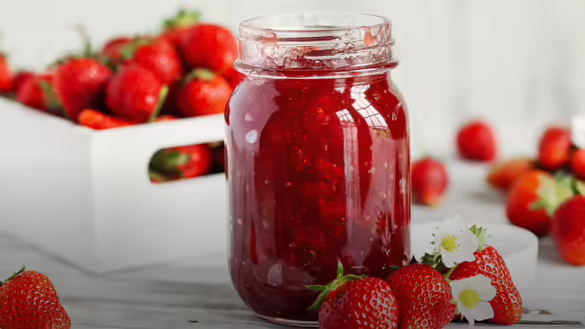 A jar of strawberry jam with strawberries and a box of strawberries sitting on a table.