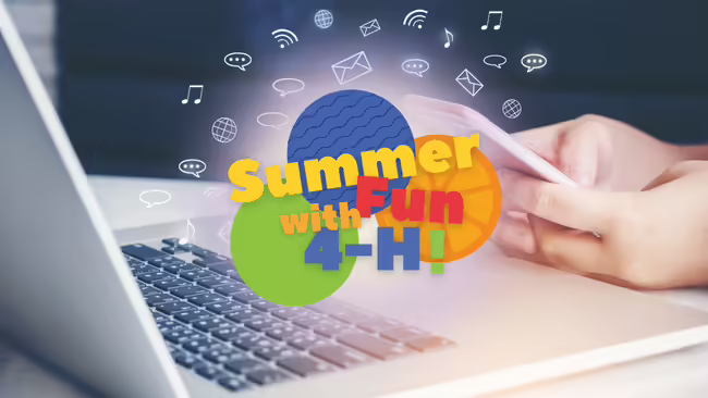 "Summer Fun with 4-H!" in front of laptop and phone with media icons