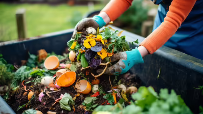 gloved hands mixing a compost pile