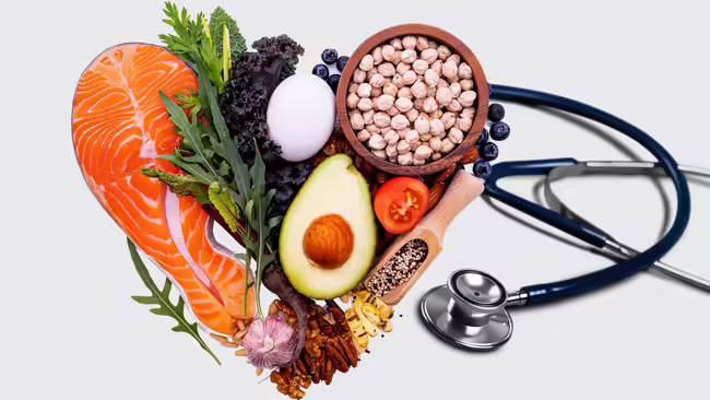 Healthy foods in the shape of a heart paired with a stethoscope