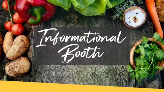 Different vegetables, herbs, and spices laid out on a dark gray table. Text in the middle reads Master Gardener Informational Booth