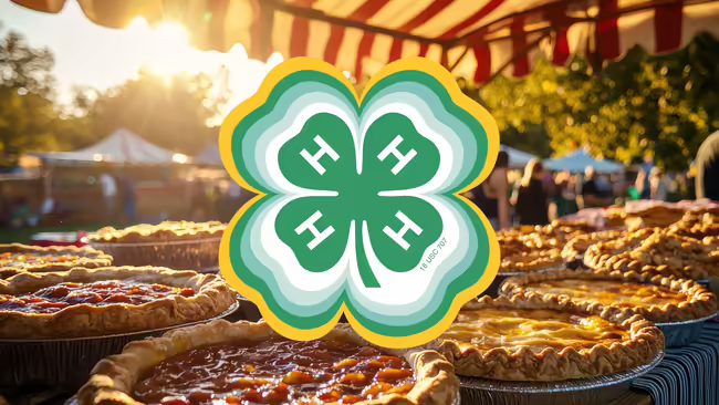 Different kinds of pies under awning with 4-H clover