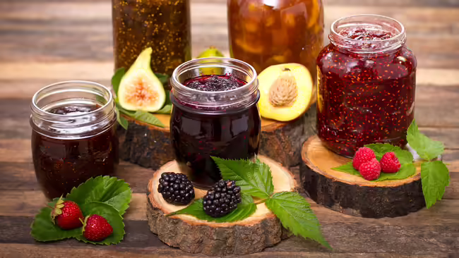 Jars of various homemade jams on wooden coasters against a wooden background.
