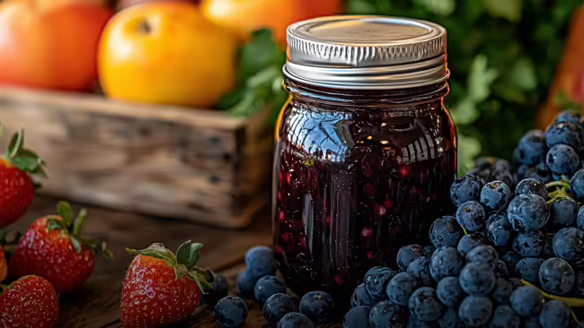 A glass jar filled with a dark jam sitting on a wooden surface. The jar has a silver-colored lid. To the right of the jar is a large pile of fresh blueberries, and to the left are several bright red strawberries.