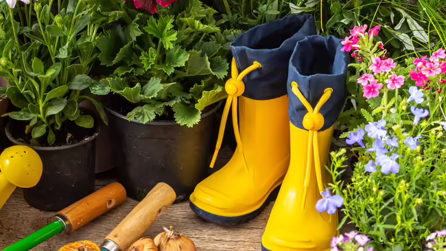 Yellow gardening boots surrounded by blooming flowers in pots, gardening tools, and a small yellow watering can on a wooden surface.