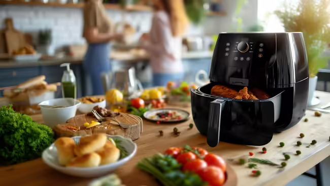 A modern black air fryer sits on a kitchen counter with its drawer open, showing breaded food inside. The counter is filled with fresh ingredients including tomatoes, greens, herbs, biscuits, and prepared dishes. In the background, two people are conversing and preparing food in a bright, homey kitchen.