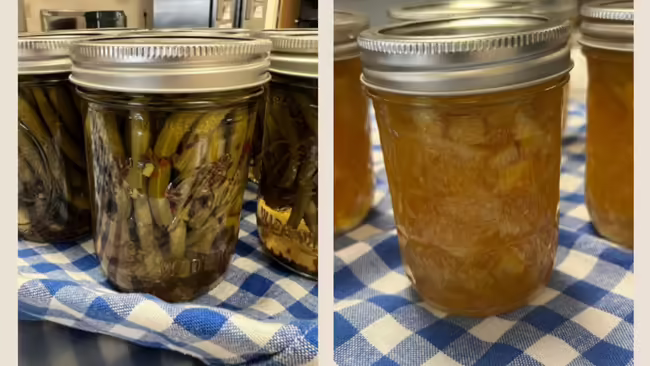 jar of dilly beans and apple marmalade
