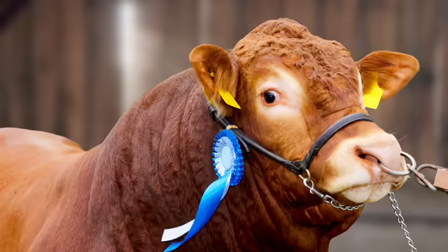 beef cow with blue ribbon