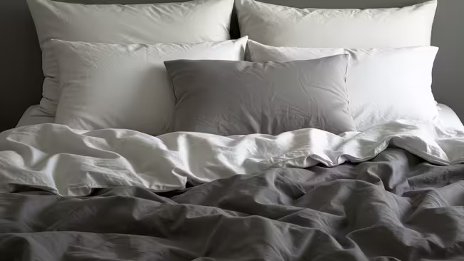 a bed with five pillows and a comforter