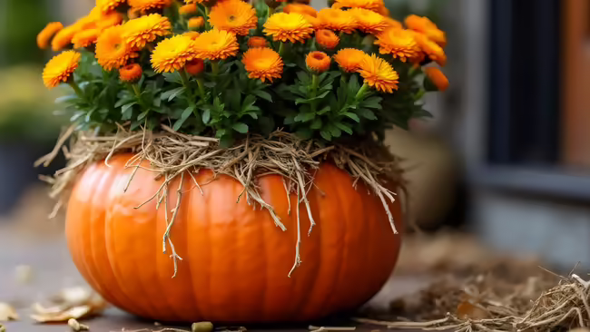 pumpkin filled with mums on a porch