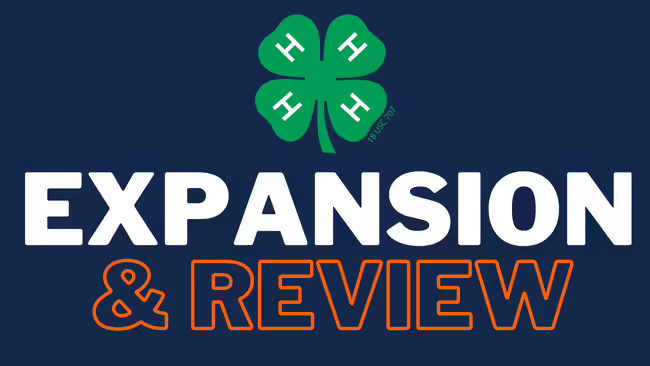 A navy background with a green 4-H clover on top and the words Expansion and Review.