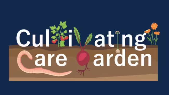 Different vegetables that spell out "Cultivating Care Garden"