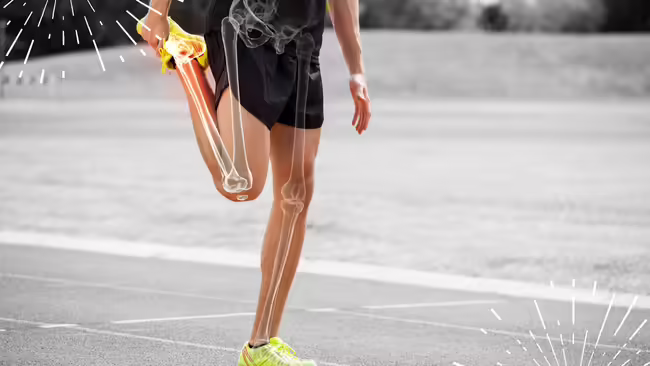 Highlighted bones of athlete man stretching on race track with decorative sunburst elements 