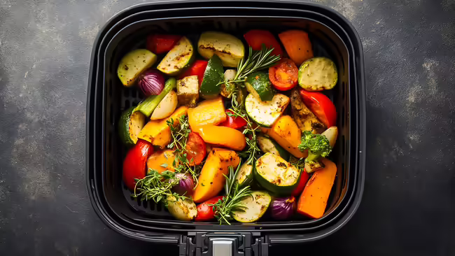 various vegetables in an air fryer tray