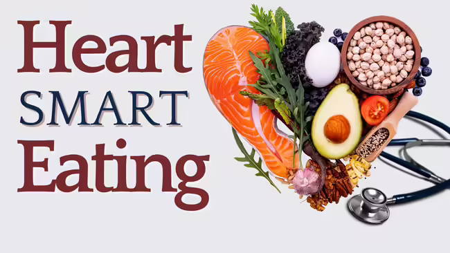 Heart Smart Eating showing various food groups with stethescope