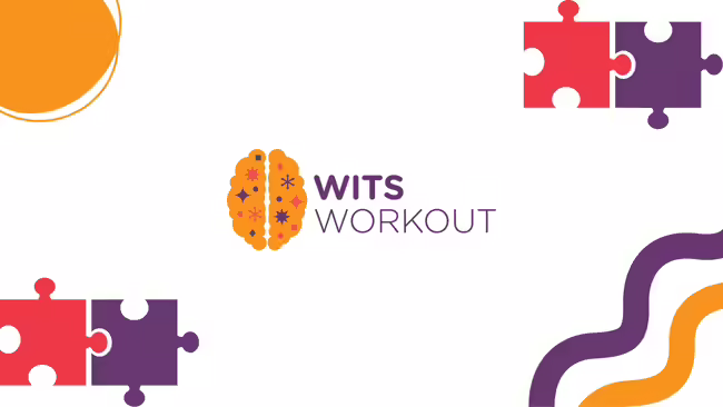 A orange brain surrounded by purple, pink, and orange puzzle pieces and decorative design elements.