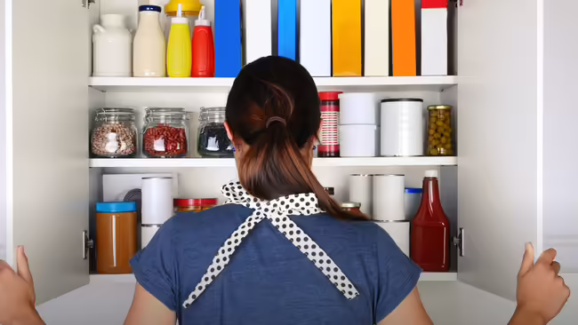 A person opening kitchen cabinets looking to see what is in the cabinets.