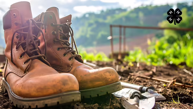 A pair of work boots sit in the dirt with gardening tools nearby. A black 4-H clover in the upper right corner.