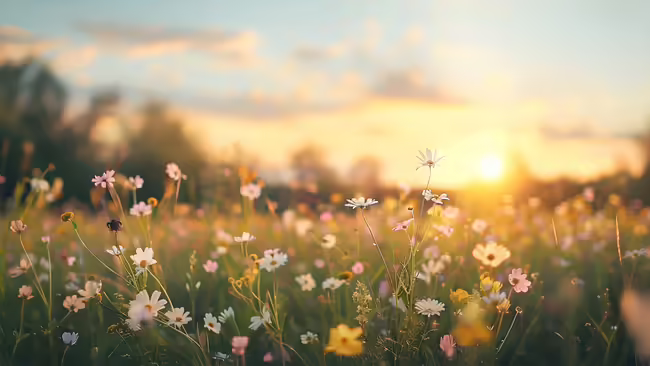 A meadow filled with wildflowers at sunset.