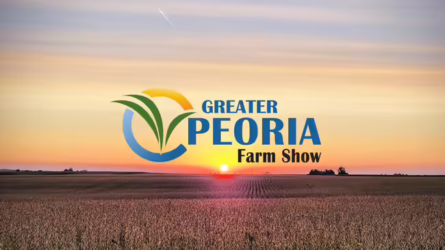 "Greater Peoria Farm Show" in front of a sunset over a farm field