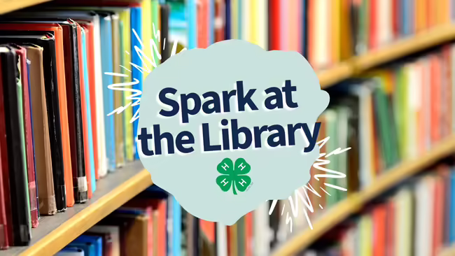 Books lined on shelves with text "spark at the library" and the 4-H clover logo