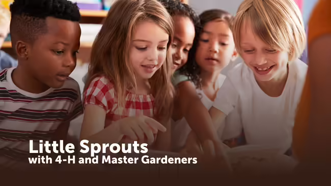 Little Sprouts with 4-H and Master Gardeners, text shown over pictue of young children
