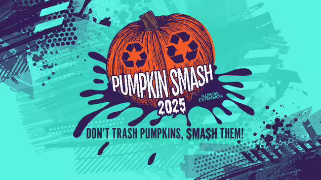 Pumpkin with recycling symbol for eyes. Pumpkin Smash 2025. Don't trash pumpkins, smash them
