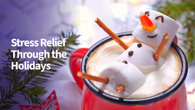 Stress Relief Through The Holidays - Marshmallow Snowman on a Mug of Cocoa