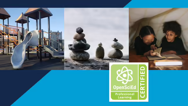 Playground equipment, stacked stones, children in a tent