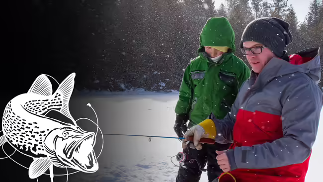 a white fish graphic overlaid on a picture of two men ice fishing
