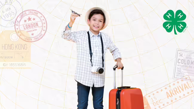Kid holding an airplane and holding a suitcase