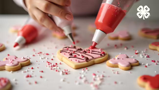 A person's hands use piping bags to a decorate heart shaped cookie. A white 4-H clover logo is in the top right corner.