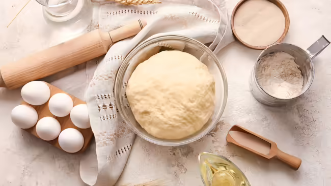 fresh dough, eggs, baking utensils on light background
