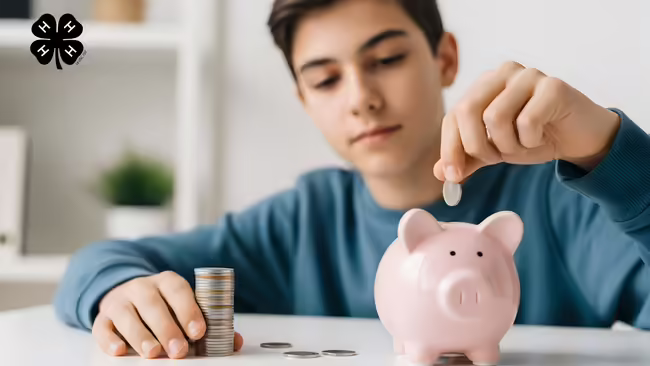 A boy putting a coin into a pink piggy bank, with a stack of coins beside it. A black 4-H clover in the upper left corner.