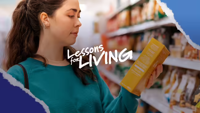 woman looking at package, text Lessons for Living