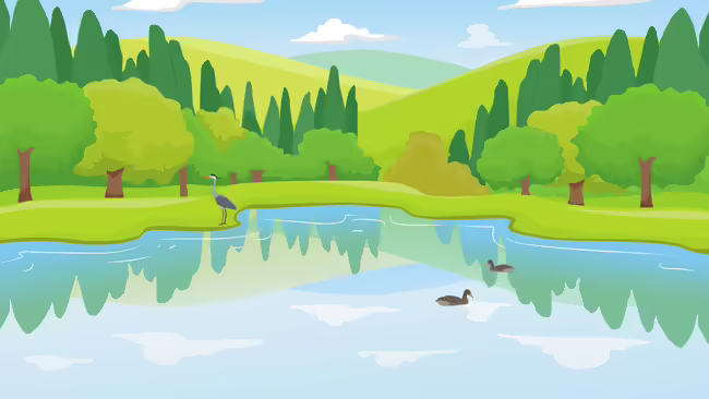 Duck swimming in a pond next to a Crane and wooden forest.