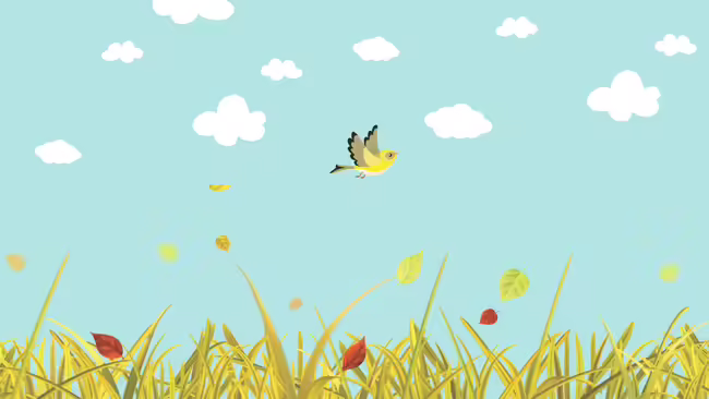 A yellow bird flying over a bare field. 