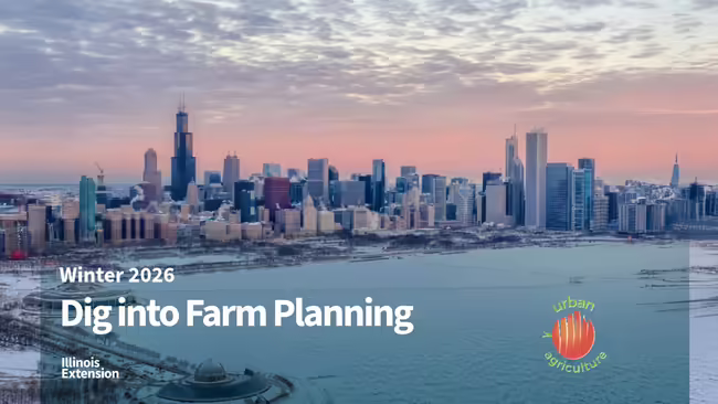 Skyline of Chicago with Dig into Farm Planning superimposed