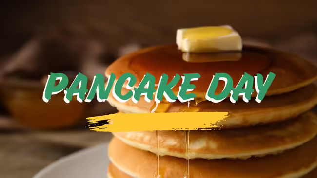 A stack of four pancakes with a tab of butter and maple syrup.