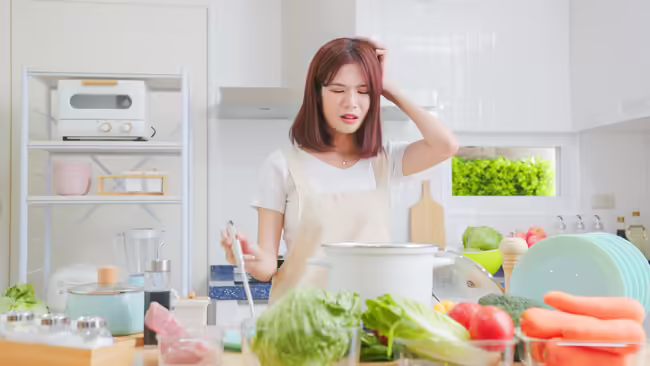 A person in a kitchen wearing an apron and a counter with fresh vegetables, raw meat, and cooking utensils, with shelves and appliances in the background.