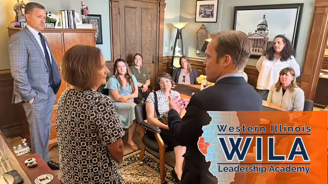 Legislators meet with 2024 Western Illinois Leadership Academy, image with WILA logo.